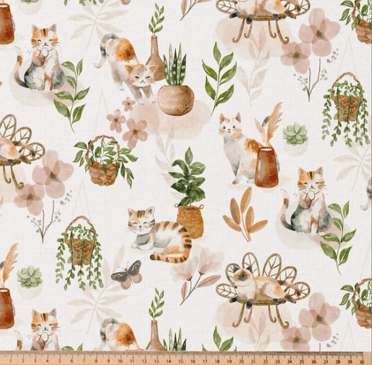 Image du tissu premium 100 % coton avec chats et plantes d'intérieur – disponible en ligne chez Tissus Charlotte