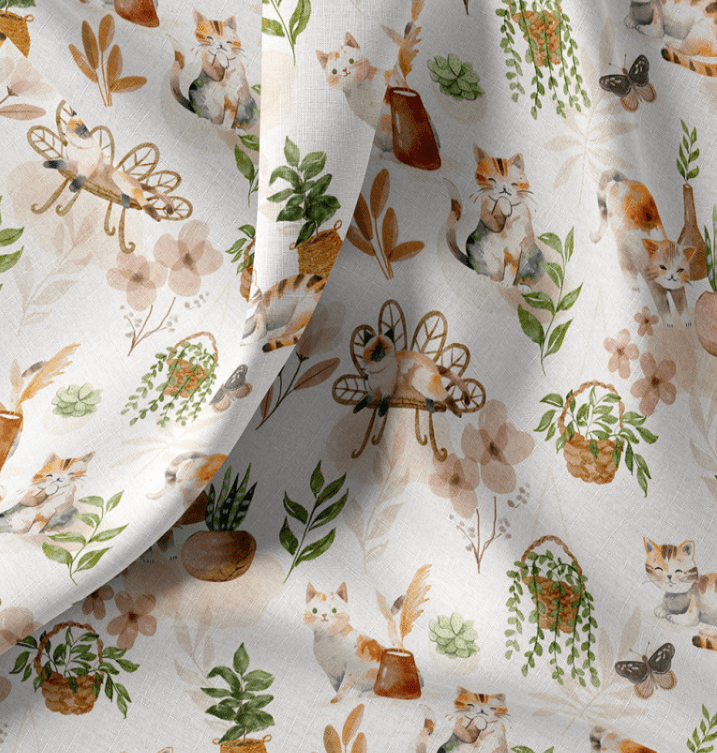 Image du tissu premium 100 % coton avec chats et plantes d'intérieur – disponible en ligne chez Tissus Charlotte