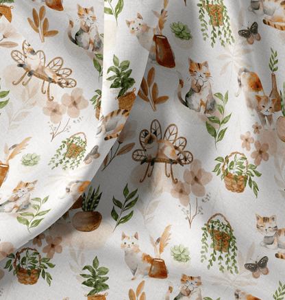 Image du tissu premium 100 % coton avec chats et plantes d'intérieur – disponible en ligne chez Tissus Charlotte