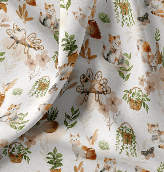 Image du tissu premium 100 % coton avec chats et plantes d'intérieur – disponible en ligne chez Tissus Charlotte