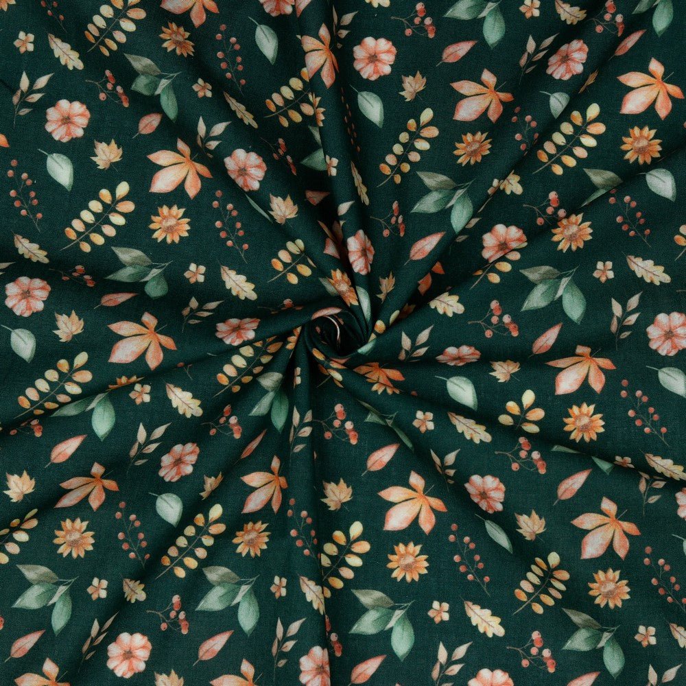 Tissu premium 100 % coton, feuilles et fleurs sur fond vert foncé, 105 g/m²