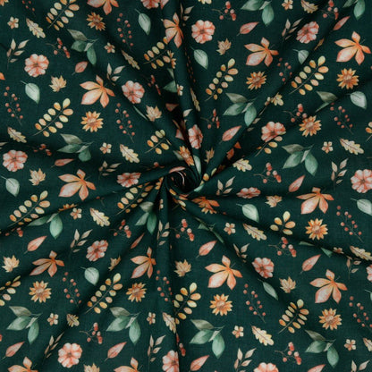 Tissu premium 100 % coton, feuilles et fleurs sur fond vert foncé, 105 g/m²