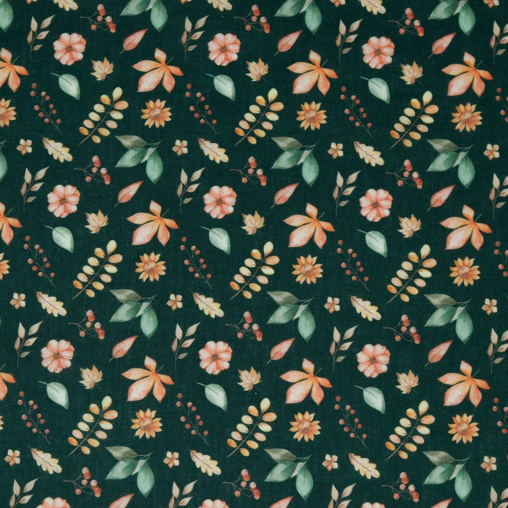 Premium 100 % coton, motifs de feuilles et fleurs sur fond vert foncé, 105 g/m²