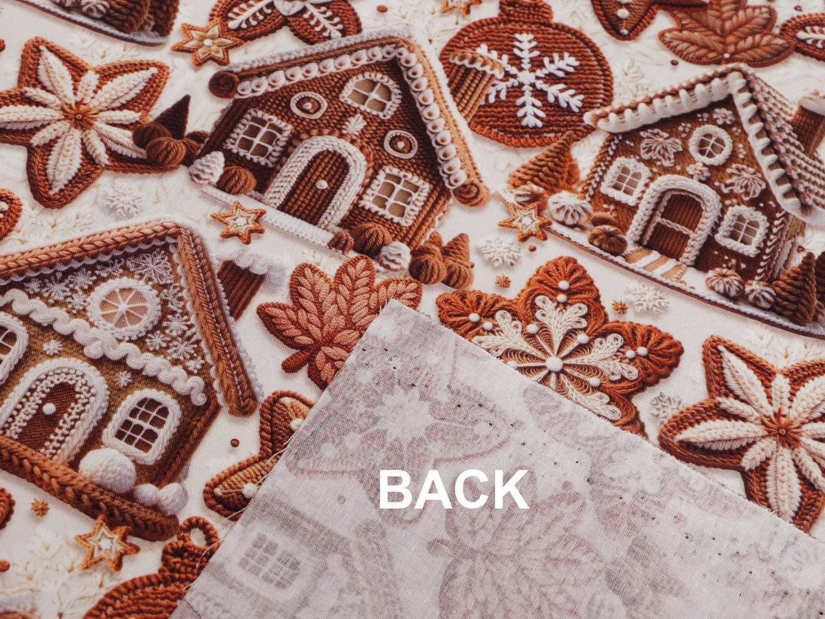 Image de tissu Premium 100 % coton à motifs de maisons en pain d’épices – disponible en ligne chez Šarlotes audumi