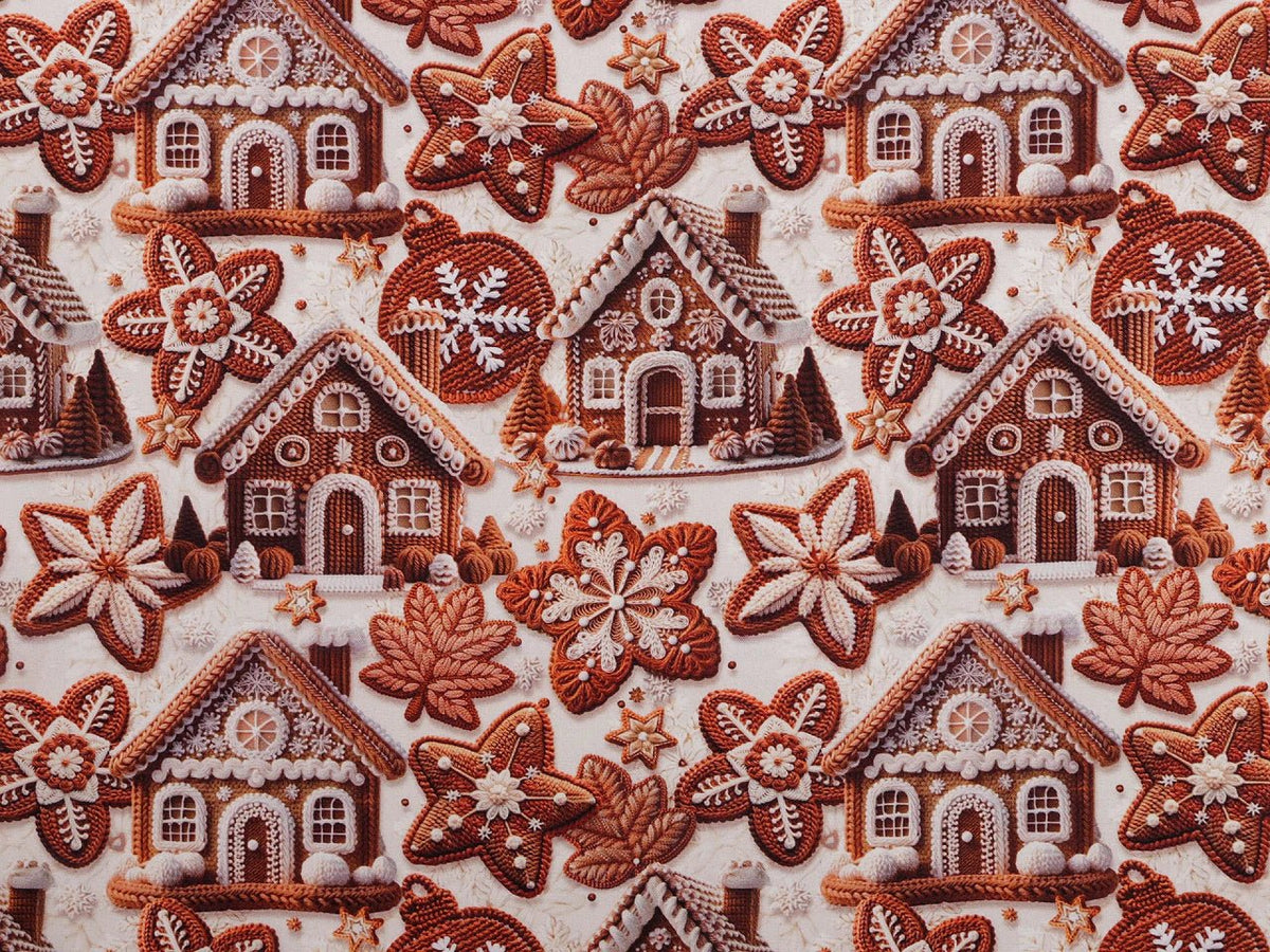 Image de tissu Premium 100 % coton à motifs de maisons en pain d’épices – disponible en ligne chez Šarlotes audumi