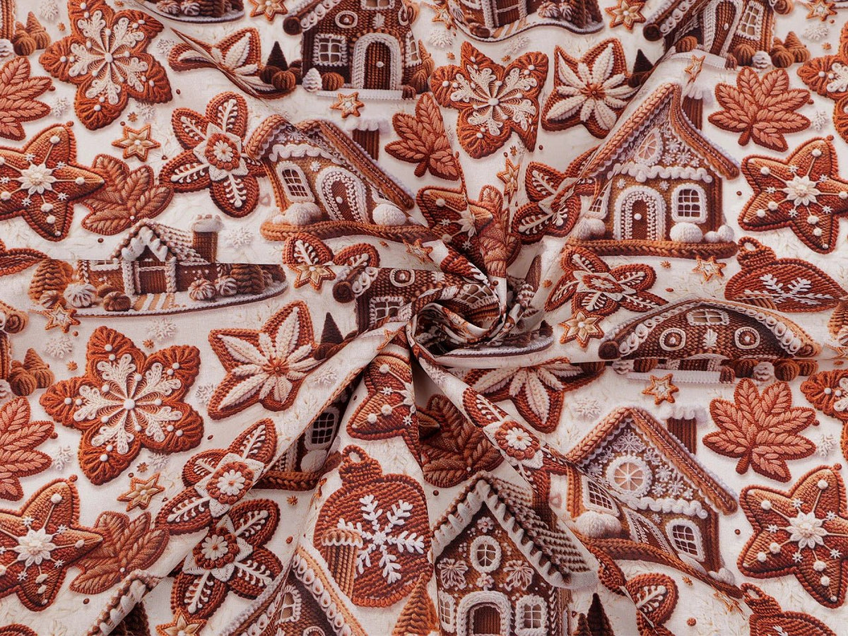 Image de tissu Premium 100 % coton à motifs de maisons en pain d’épices – disponible en ligne chez Šarlotes audumi