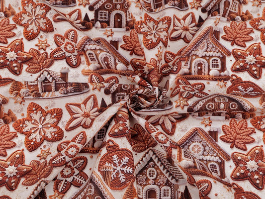 Image de tissu Premium 100 % coton à motifs de maisons en pain d’épices – disponible en ligne chez Šarlotes audumi