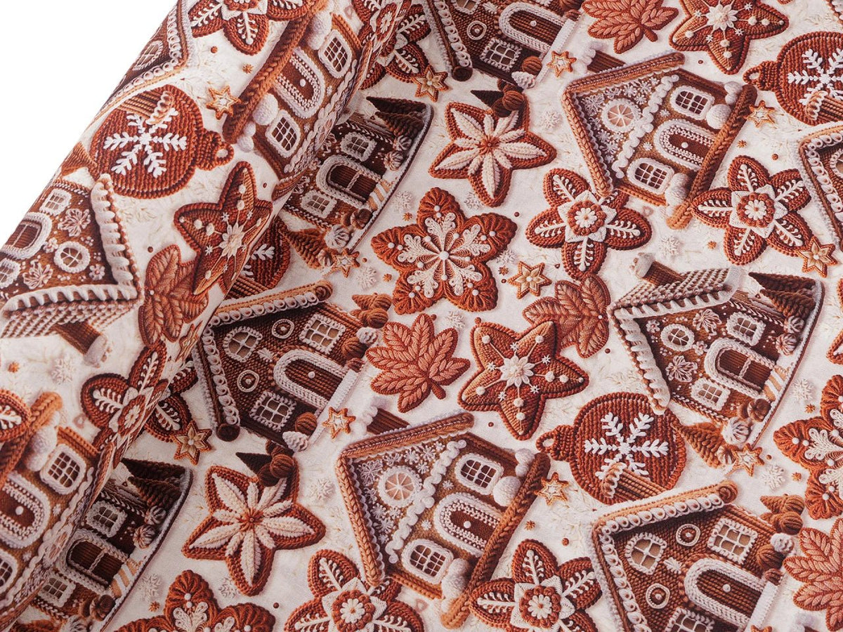 Image de tissu Premium 100 % coton à motifs de maisons en pain d’épices – disponible en ligne chez Šarlotes audumi
