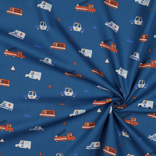 Tissu premium 100 % coton - voitures de police, de pompiers et d’ambulance 110 g/m² (certifié GOTS)