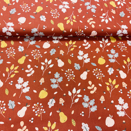 Tissu premium 100 % coton - petites fleurs sur fond rouge brique 110 g/m²
