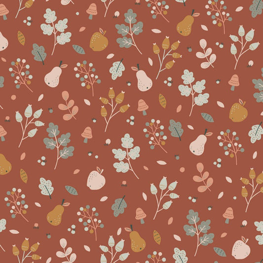 Tissu premium 100 % coton - petites fleurs sur fond rouge brique 110 g/m²