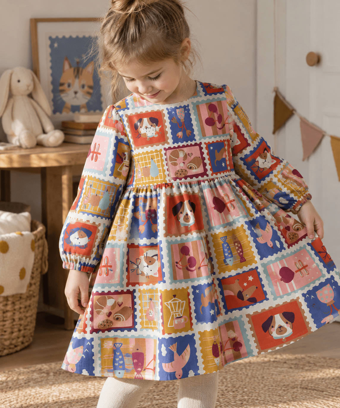 Image du tissu Premium 100 % coton - timbres rétro – disponible en ligne chez Tissus Charlotte