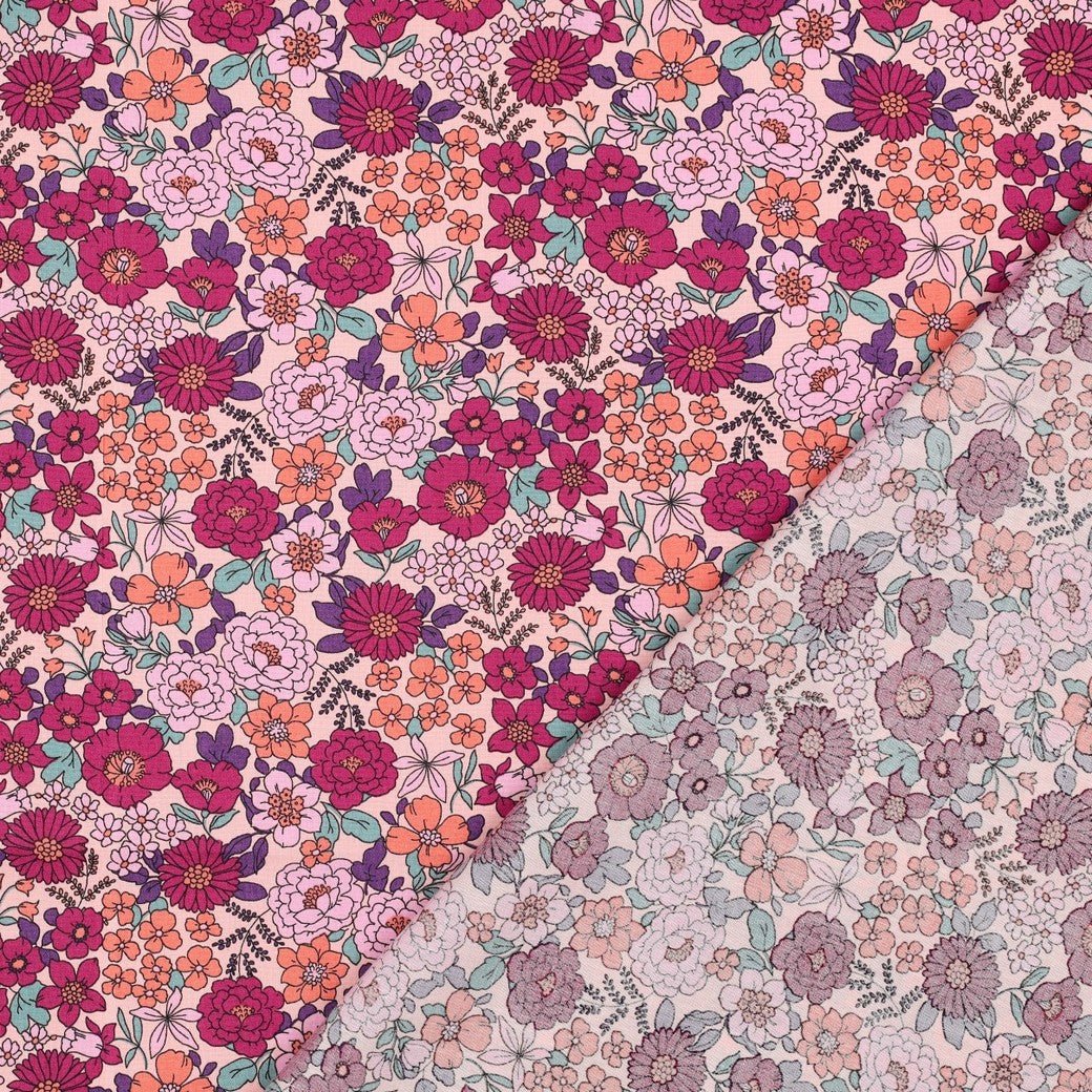 Bild mit Premium-Stoff aus 100 % Baumwolle, rosa Blumenmuster, 110 g/m² – erhältlich bei Šarlotes audumi