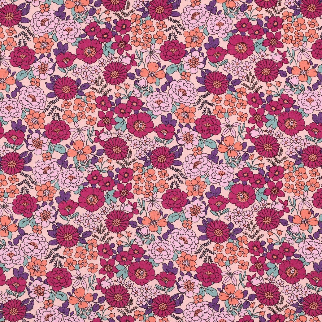 Bild mit Premium-Stoff aus 100 % Baumwolle, rosa Blumenmuster, 110 g/m² – erhältlich bei Šarlotes audumi