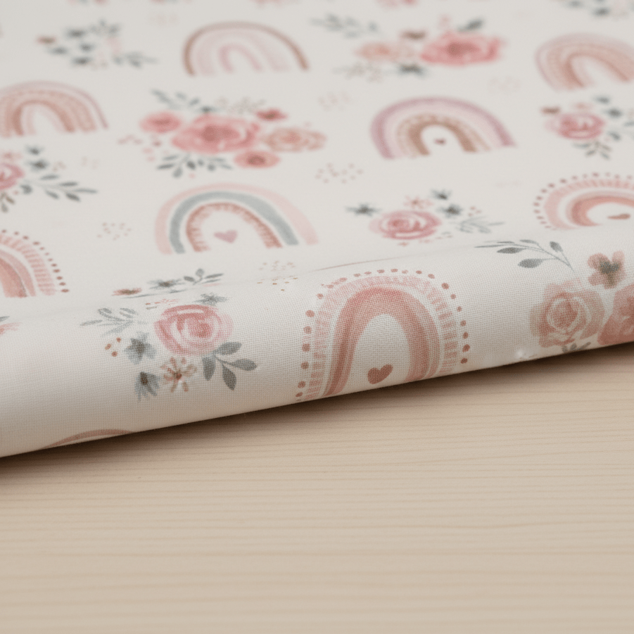 Image with premium 100% cotton fabric - roses with rainbows 130 g/m² – available at Šarlotes audumi