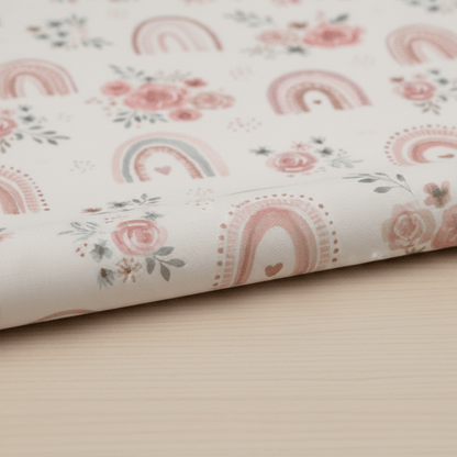 Image with premium 100% cotton fabric - roses with rainbows 130 g/m² – available at Šarlotes audumi