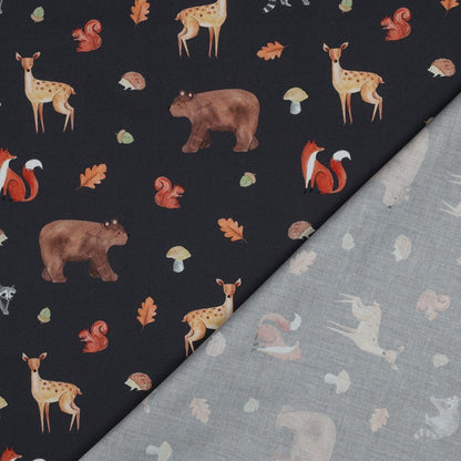 Image avec tissu Premium 100 % coton, motif automnal sur fond bleu foncé – disponible en ligne chez Šarlotes audumi