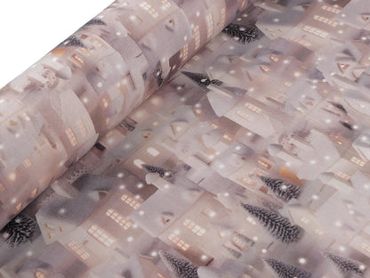 Image du tissu Premium 100 % coton « maisons enneigées » – disponible en ligne chez Šarlotes audumi
