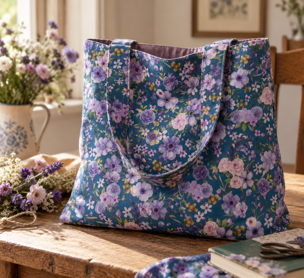 Image avec tissu premium 100 % coton - Fleurs sur fond bleu pétrole – disponible en ligne chez Šarlotes audumi