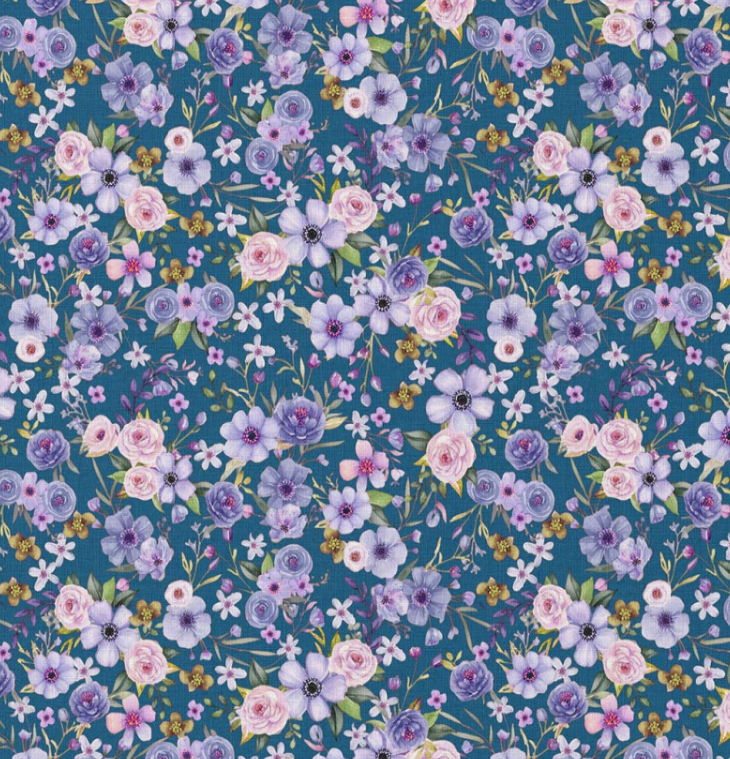 Image avec tissu premium 100 % coton - Fleurs sur fond bleu pétrole – disponible en ligne chez Šarlotes audumi