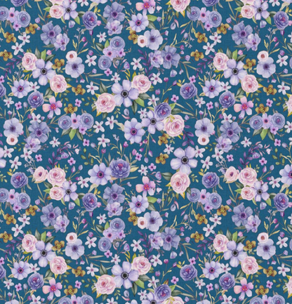 Image avec tissu premium 100 % coton - Fleurs sur fond bleu pétrole – disponible en ligne chez Šarlotes audumi
