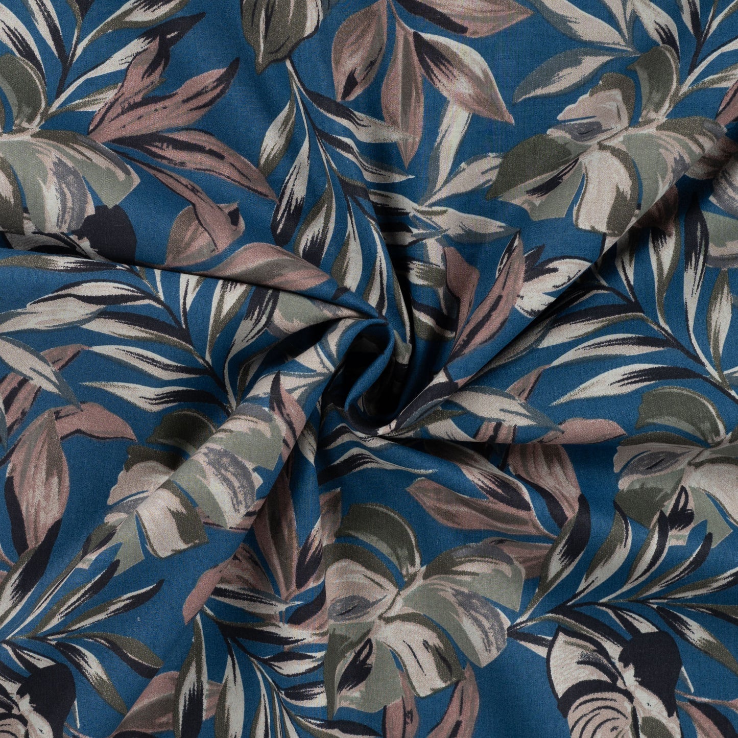 Image of premium cotton fabric, poplin - tropical foliage on blue – available online at Charlotte Fabrics