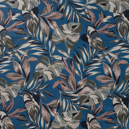 Premium cotton poplin fabric with tropical foliage on blue – available online at Charlotte's Fabrics