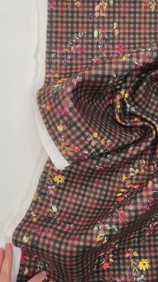 Italian tweed fabric for coats - checks with flowers 480 g/m²