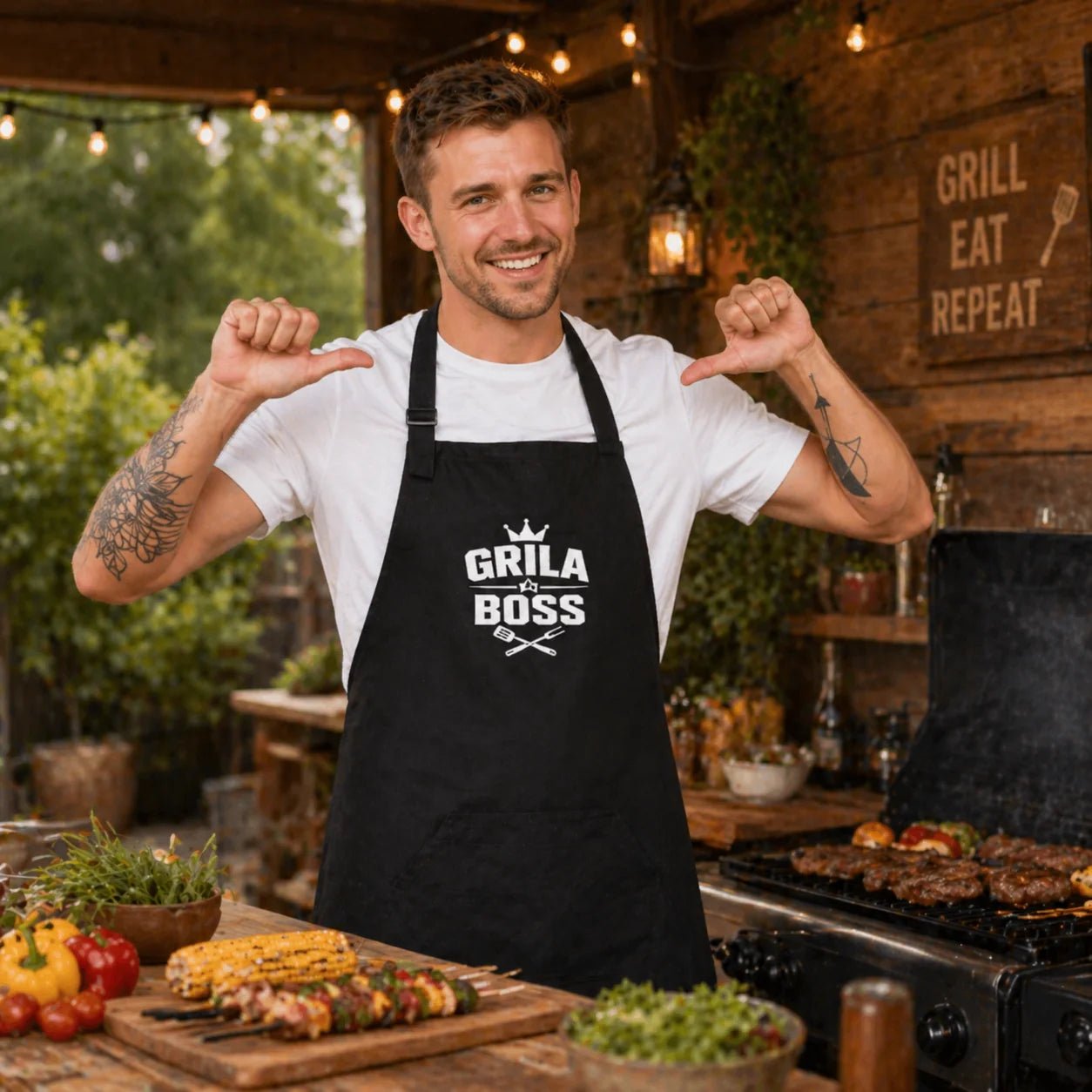 Image avec tablier noir « Grila boss » – disponible chez Šarlotes audumi