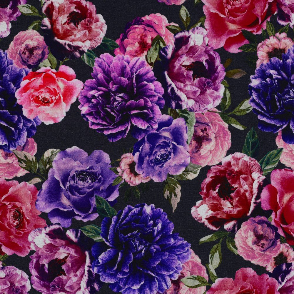 Tissu maille Punta di Roma - fleurs lilas et roses 280 g/m²