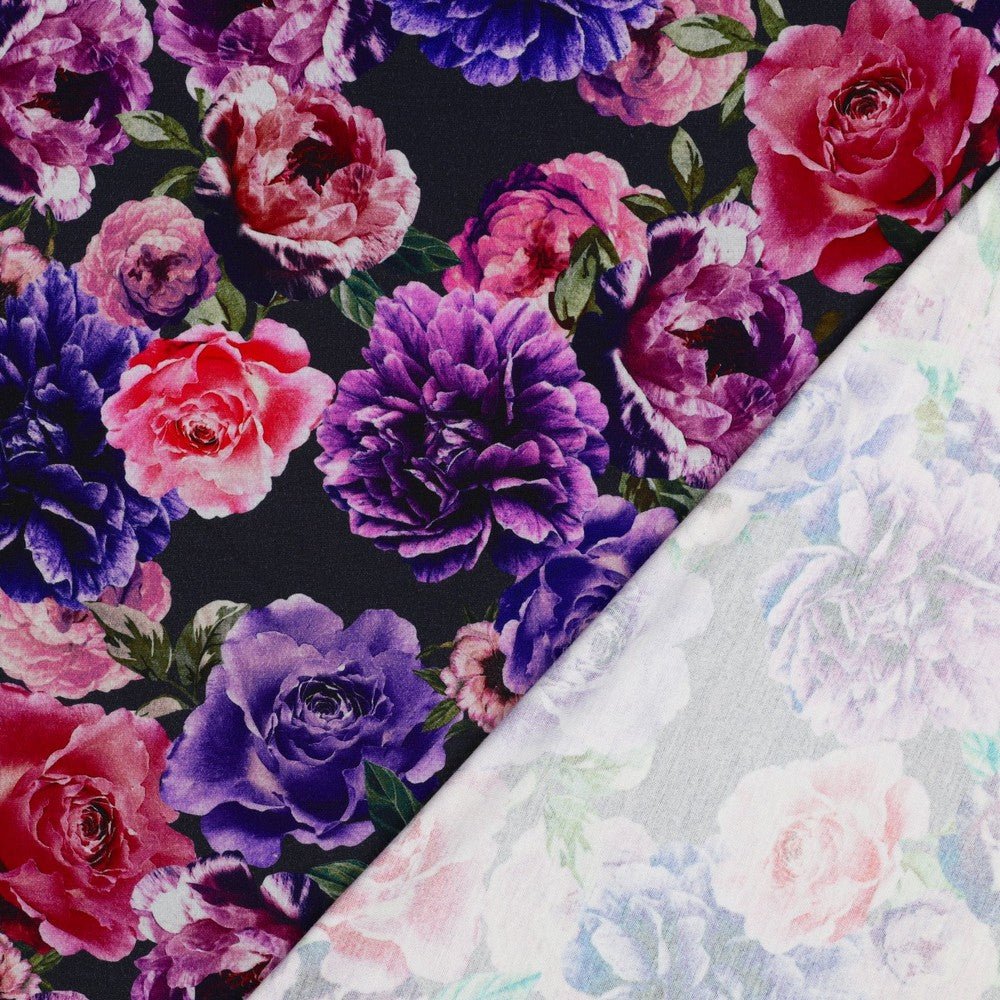 Tissu maille Punta di Roma - fleurs lilas et roses 280 g/m²