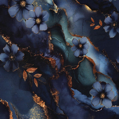 Tissu en maille Punto di Roma avec motif bleu et doré – disponible en ligne chez Šarlotes audumi