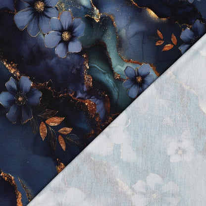Tissu en maille Punto di Roma avec motif bleu et doré – disponible en ligne chez Šarlotes audumi