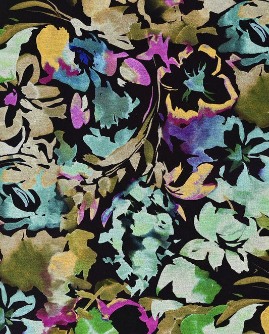 Image with Punto di Roma knit fabric - flowers on a black background 240 g/m² – available at Šarlotes audumi