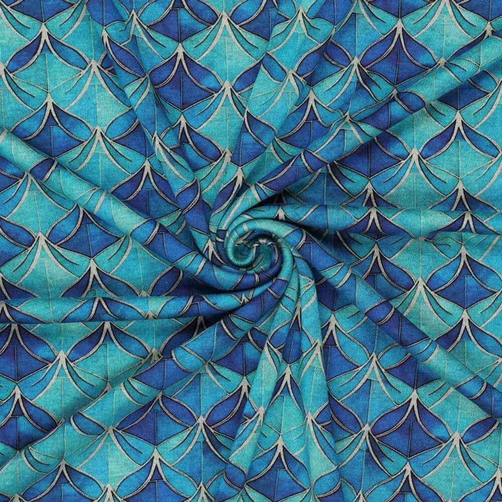 Tissu en maille Punto di Roma à motif abstrait bleu, 240 g/m² – disponible chez Šarlotes audumi