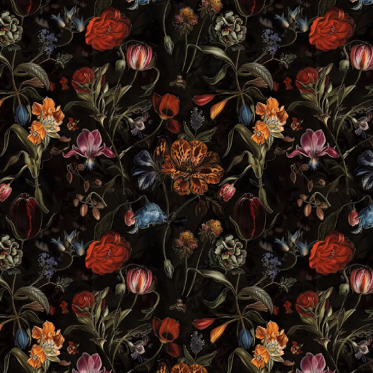 Tissu gabardine en viscose - fleurs sur fond noir