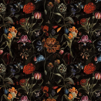 Tissu gabardine en viscose - fleurs sur fond noir