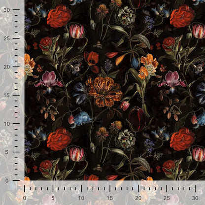 Tissu gabardine en viscose - fleurs sur fond noir