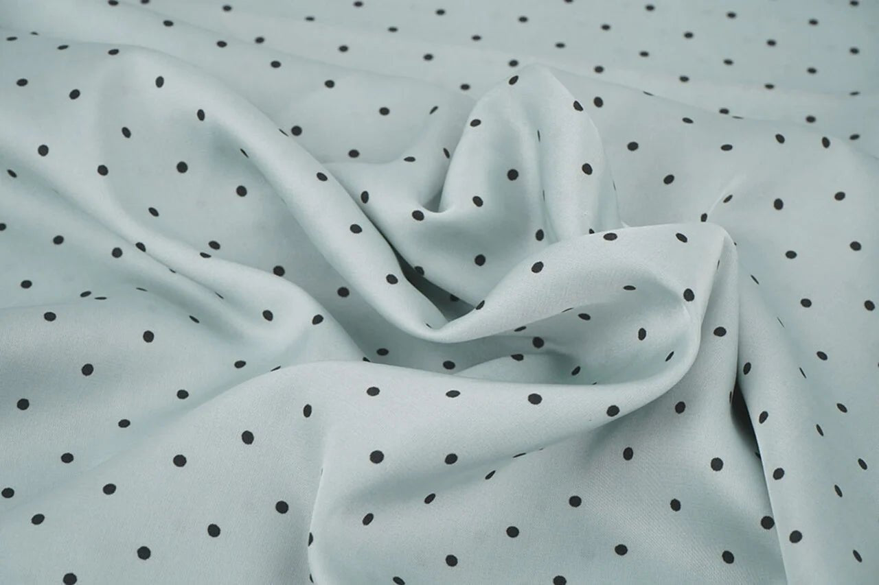 Satin with elastane - polka dots on a mint background 90 g/m²