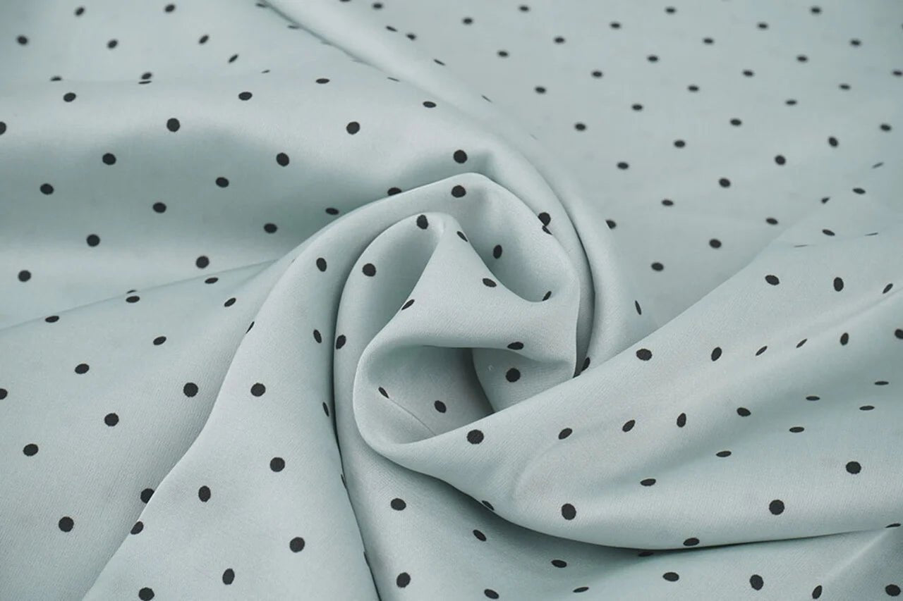 Satin with elastane - polka dots on a mint background 90 g/m²
