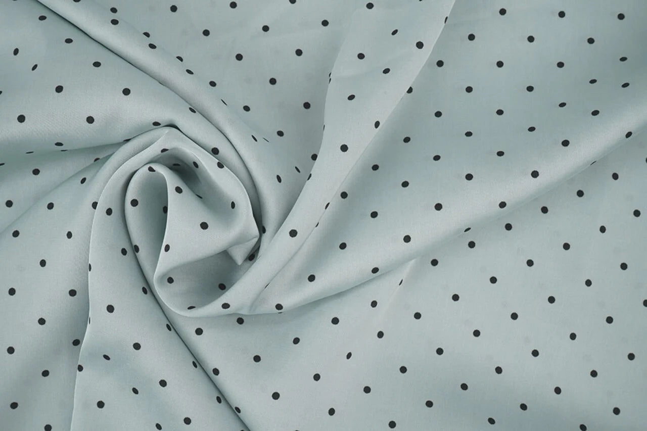 Satin with elastane - polka dots on a mint background 90 g/m²