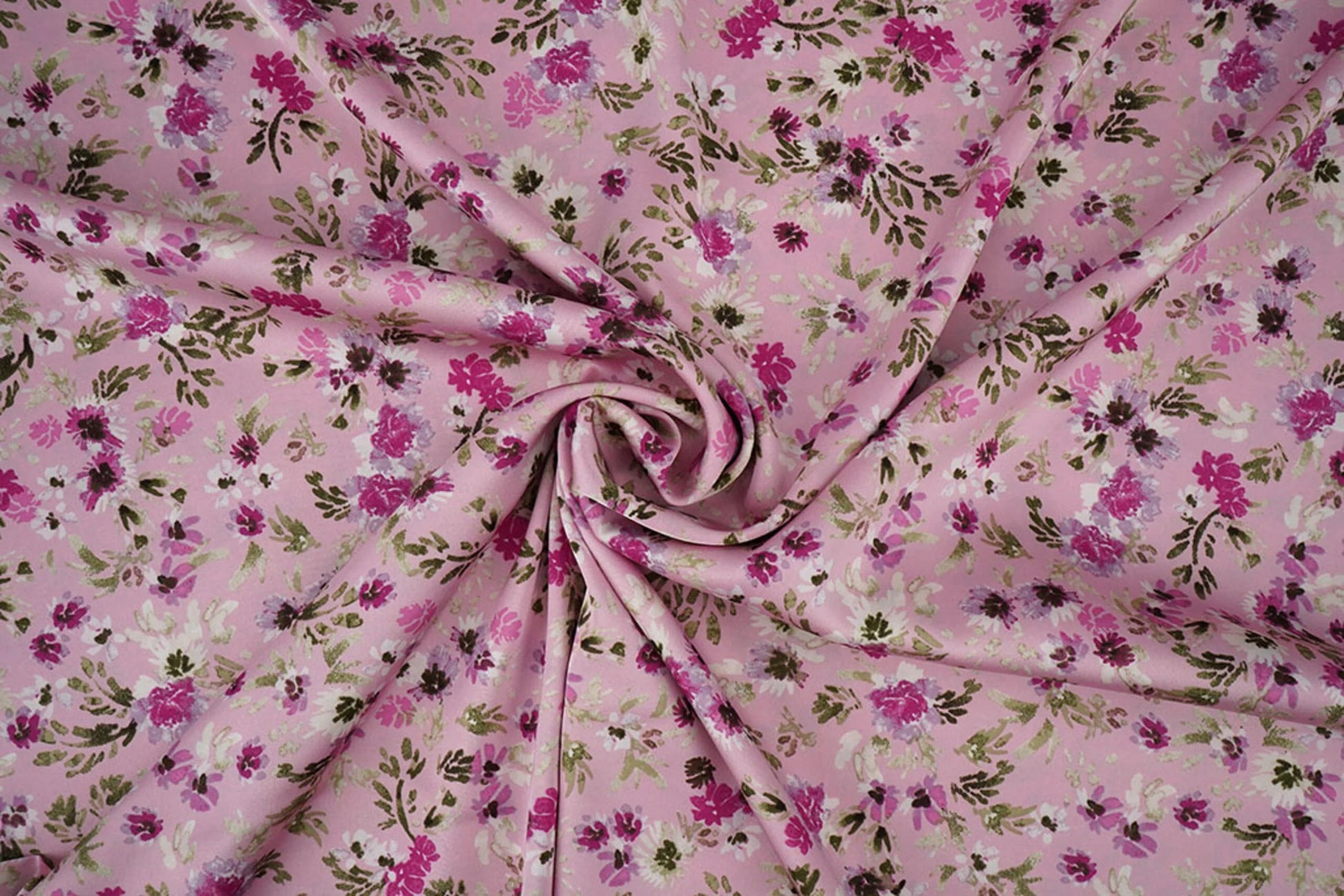 Satin avec élasthanne - fleurs sur fond rose 80 g/m²