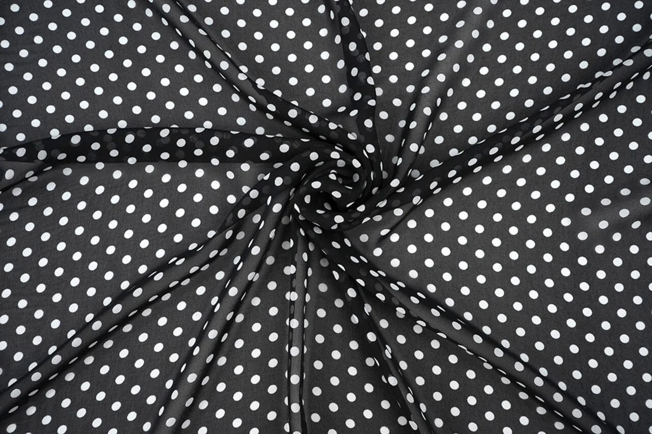 Chiffon - white polka dots on a black background | 150 cm | 65 g/m²