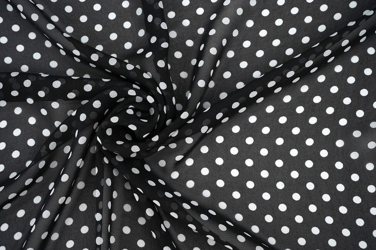Chiffon - white polka dots on a black background | 150 cm | 65 g/m²
