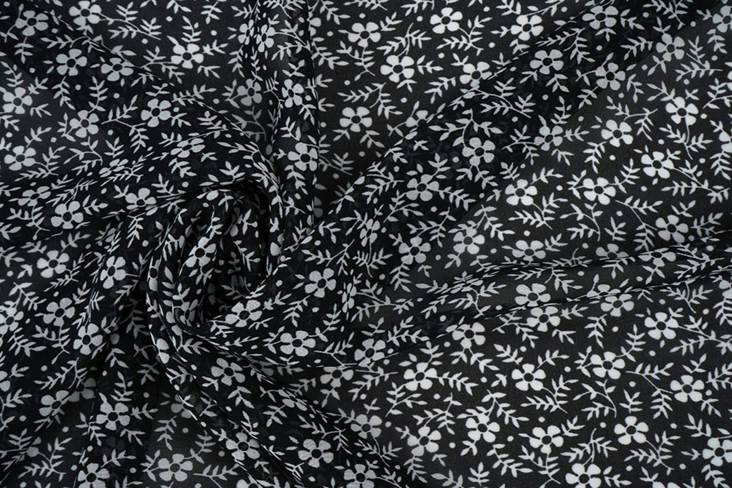 chiffon - petites fleurs blanches sur fond noir | 150 cm | 65 g/m²