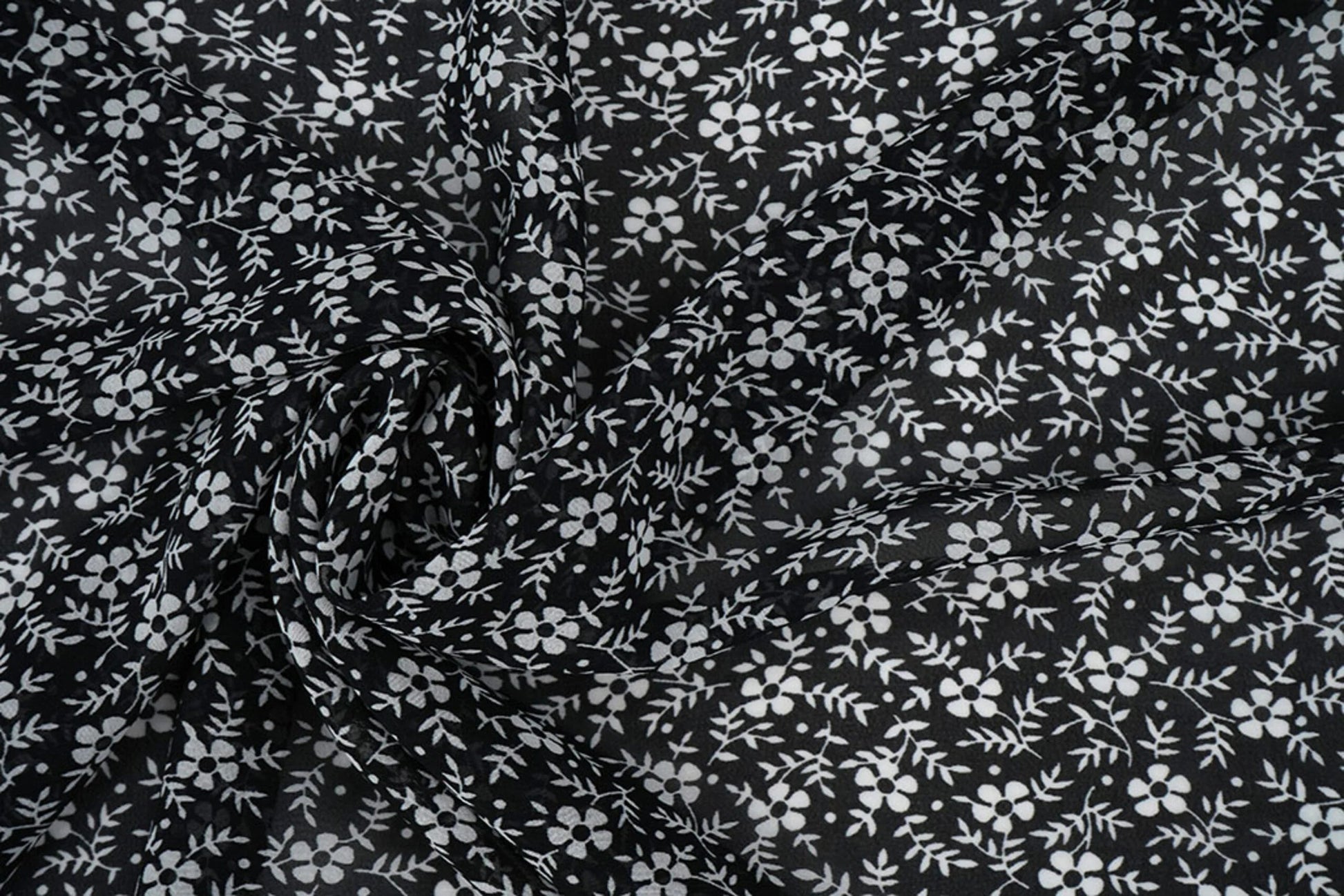 chiffon - petites fleurs blanches sur fond noir | 150 cm | 65 g/m²