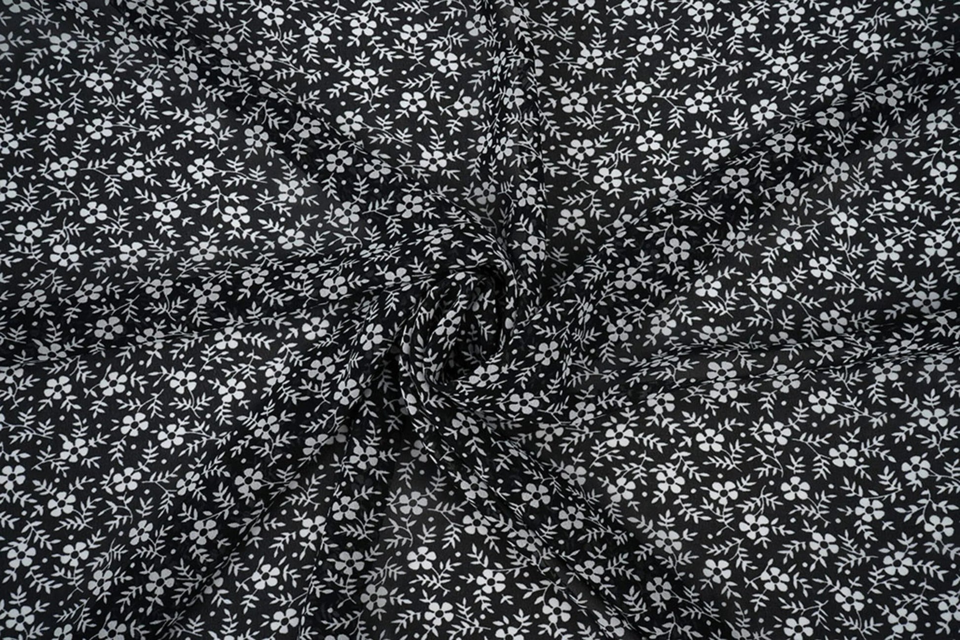 Chiffon - petites fleurs blanches sur fond noir | 150 cm | 65 g/m²