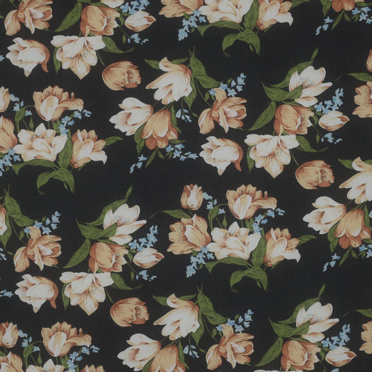 Chiffon à tulipes beige et myosotis | 150 cm | 80 g/m²