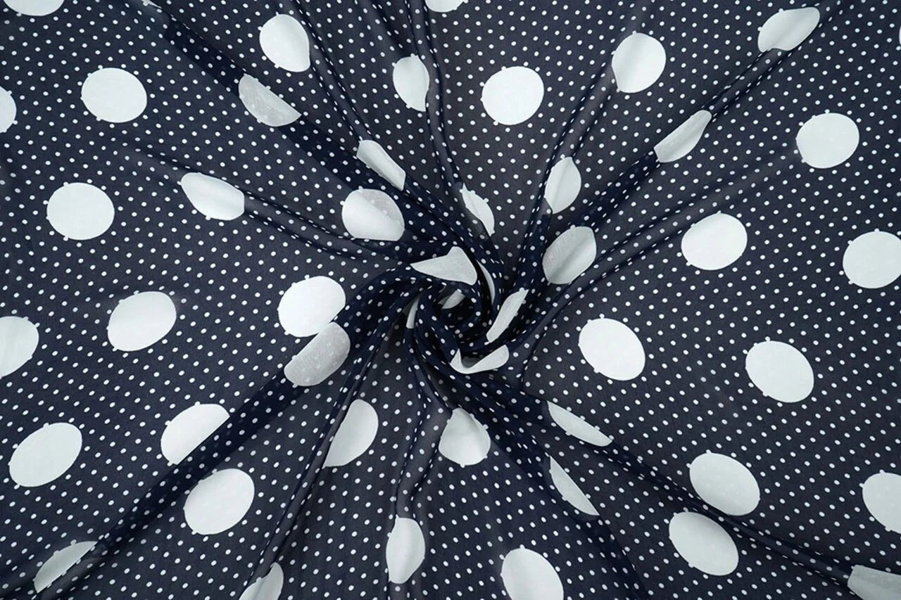 Chiffon - dots on a dark blue background | 150 cm | 65 g/m²