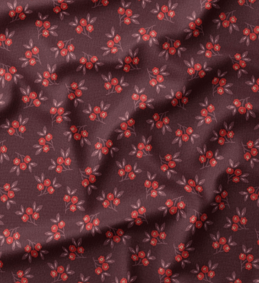 Image de fleurs en velours de coton fin, ton bordeaux – disponible en ligne chez Charlotte's Fabrics